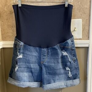 SONG Maternity Denim Pull On Shorts Cuffed‎ Blue Pull On Size Large